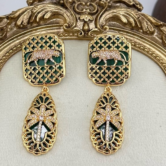 Statement Panther & Palm Drop Earrings – Gold/Green - Picture 7 of 10